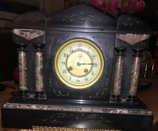 Victorian Antique French Slate Marble Clock With Key