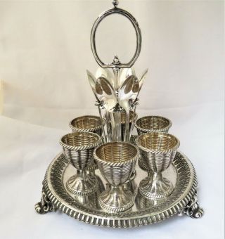 Large Victorian Silver Plated Egg Cruet - Six Egg Cup Stand - Basket Design