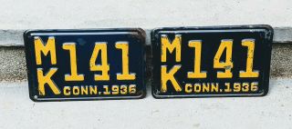 Antique 1936 Connecticut License Plate Pair Mk 141 Ct Conn Yom Plates Old Cool