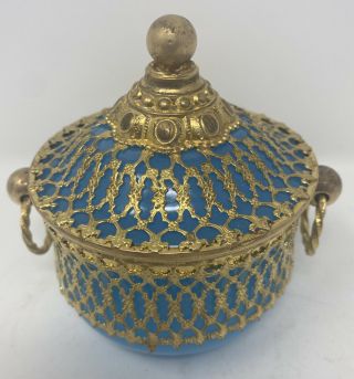 Antique French Palais Royal Blue Opaline Glass Box Or Jar In Filigree Ormolu