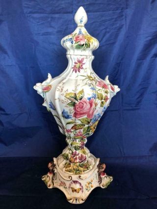 Fine Huge Antique Italian Le Nove Faience Hand Painted Lidded Vase And Base.  2