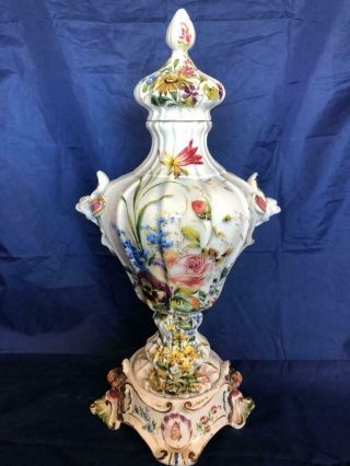 Fine Huge Antique Italian Le Nove Faience Hand Painted Lidded Vase And Base.  1