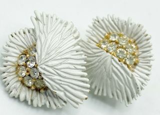 Vtg Trifari White Coral Reef Shell Style Rhinstone Earrings Clip On