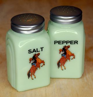 Jadeite Art Deco Cowgirl Vintage Green Milk Glass Salt & Pepper Shakers