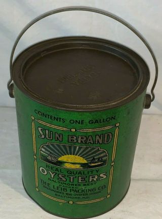 ANTIQUE BAIL HANDLE SUN BRAND OYSTERS TIN LITHO 1GAL CAN BALTIMORE MD SEAFOOD 2