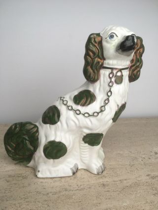 12 1/2 " Antique 19th C English Staffordshire Porcelain Dog Green Copper Lustre