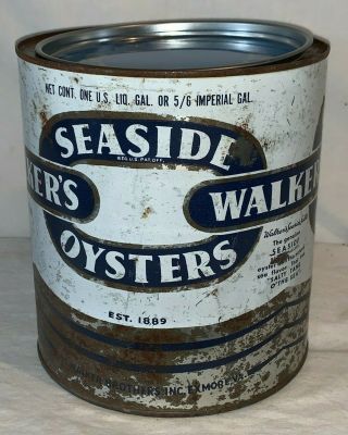 ANTIQUE WALKERS SEASIDE OYSTERS TIN LITHO 1GAL CAN EXMORE VA VIRGINIA SEAFOOD 3