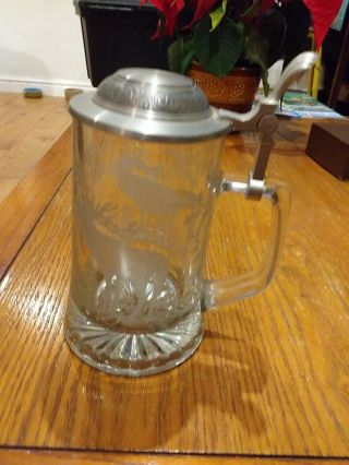 Vintage Etched Glass Tankard Stags Pewter Lid Domex Made In Germany