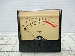 Vintage Simpson Vu Meter - 20 To,  3 Analog Meter 3.  25 " X 3.  25 "