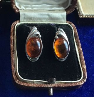 Fine Vintage Solid Silver & Real Amber Set Earrings Pierced Ear Fittings