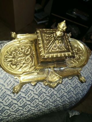 Vintage Brass Inkwell Stand With Ball And Clow