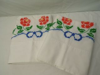 Pair Hand Embroidered Pillow Cases 100 Cotton Vintage Linens