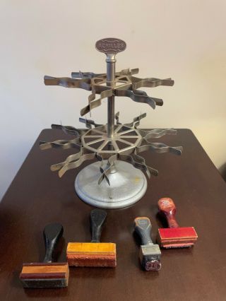 Vintage 2 Tier Rubber Stamp Carousel Stand Holder 16 Clamps 4 Stamps Mid Century