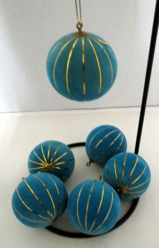 6 Vintage Turquoise And Gold Unbreakable Ornaments.  2 ½ Inches Diameter