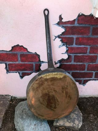 12 " Heavy Antique Copper Skillet Pan With Tinned Interior & Wrought Iron Handle