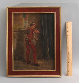 19thc Antique Theatrical Portrait Oil Painting,  Jester Man Backstage,  Nr