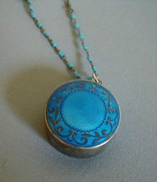Unusual Antique Sterling And Guilloche Enamel Powder Compact On Beaded Chain