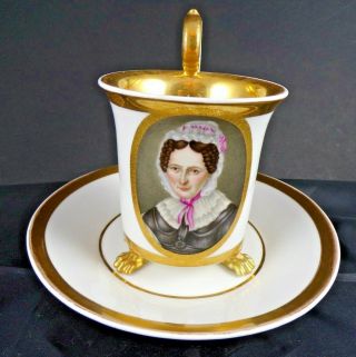 Large,  19thc Antique Kpm Berlin Porcelain Paw Footed Portrait Cup & Saucer A/f