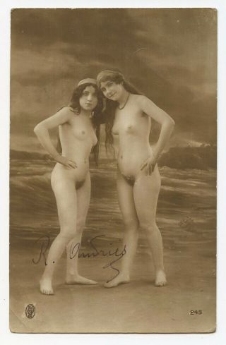 1910s Vintage Risque / Nude Pretty Cute Lady Pair Photo Postcard
