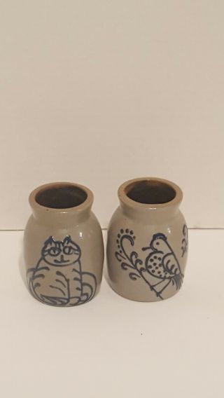 2 Small 1994 Vintage Bbp Beaumont Brothers Pottery Vases Bird & Cat