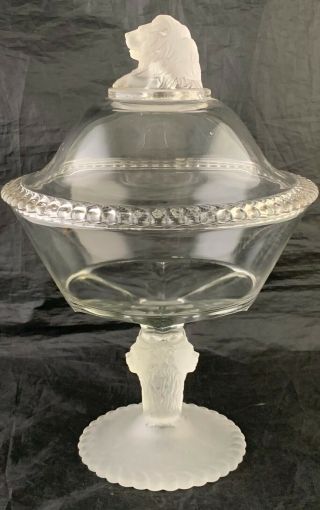 Antique Large Eapg Gillinder Glass Frosted Lion & Cable Covered Compote
