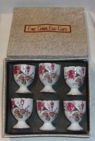 Vintage Fine China Egg Cup Set Of 6 With Flowers - Box - Japan -