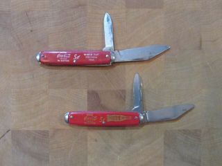 2 Vintage Coca - Cola Pocket Knives Advertising 5 Cents Worlds Fair Collectible