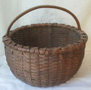 Antique Primitive Massive Hand Woven Split Oak Gathering Basket Bent Wood Handle