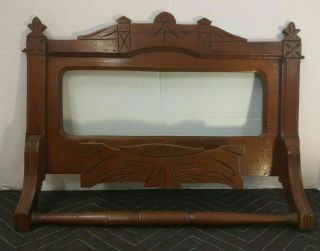 Antique Eastake Wood Parlor Shaving Mirror Wall Hanging W/ Comb Tray Towel Rack