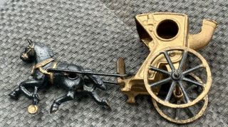 Vintage Cast Iron BLACK & GOLD Horse Drawn Carriage BUGGY Wagon w/ Single Horse 2