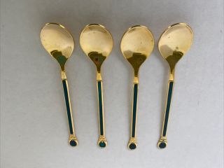 Vintage Spoons Emerald Green Inlay Gold Tone Stainless Japan Set Of 4 Small