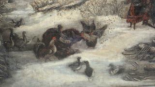 Antique American 19th C.  Folk Art Oil Painting Night Farmyard Chickens Children 3