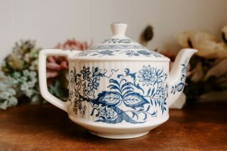 Vintage Sadler Blue Onion Teapot Staffordshire England Blue White Tea Pot 3