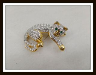 Vintage Large Gold & Silver - Tone Cat Brooch W/rhinestone Accents 6638