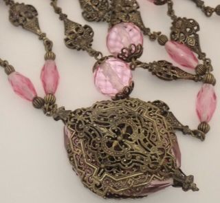 Long Antique Edwardian Art Deco Brass Filigree Pink Czech Glass Necklace