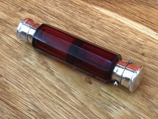 Victorian Silver Topped Cranberry Glass Double Ended Scent Bottle C.  1880