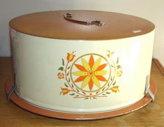 Vintage Floral Orange Yellow Tin Metal Cake Saver Retro Decoware