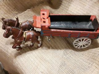 Vintage Cast Iron Toy Two Horses Pulling Red Wagon