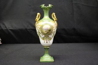 Antique 19th Century Rudolstadt Green & Gold Gilded Gilt 9.  5 " Urn Vase,  Germany