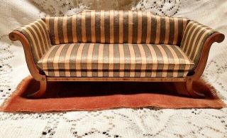 Old Vtg Dollhouse Miniature Wide Stripped Queen Ann Sofa With Wood Trim 7 " Wide