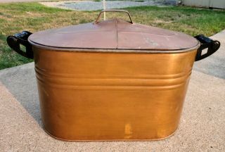 Antique Heavy Copper Wash Tub Boiler Wooden Handles & Lid Primitive House Decor