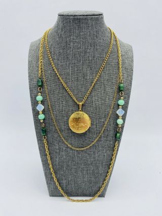 Vintage Triple Strand Locket Pendant Necklace Green Bead Chain Art Deco Flapper