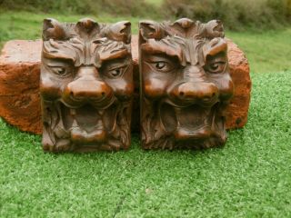 Pair 19thc Gothic Walnut Wood Carved Lion Head Corbels C.  1860