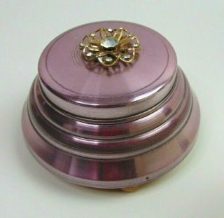 Vintage Aluminum Powder Puff Music Box Jeweled Flower Embellishment Light Purple