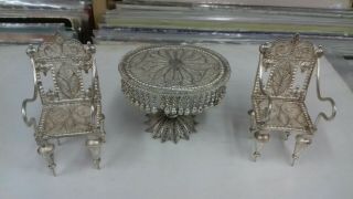 Silver Filigree Table And Two Chairs Miniature