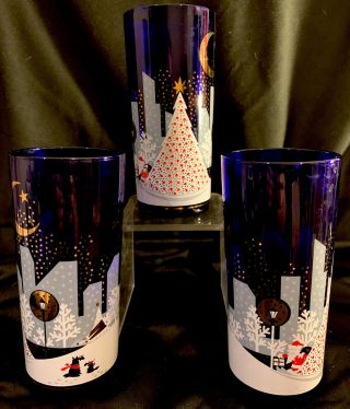 Trio Vintage Noritake Twas The Night Before Christmas Glasses 15 Oz Scotty Dog