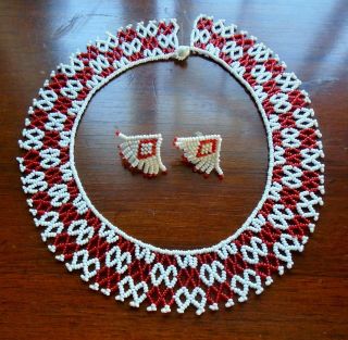 Vintage 1940s 50s Native American Indian Bead Choker Necklace Screwback Earrings