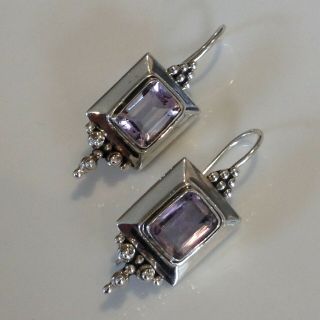 Vintage Sterling Silver And Amethyst Drop Earrings,  3.  5cm Drop,  10 Grams