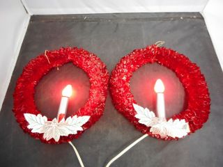 Two Vintage 9 1/2 " Red Chenille Christmas Wreath & Xmas Card Tree All In Ob