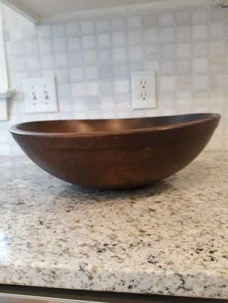 Antique Vintage Large 17 Inch Hand Turned Wooden Dough Bowl Wide Lipped Rim
